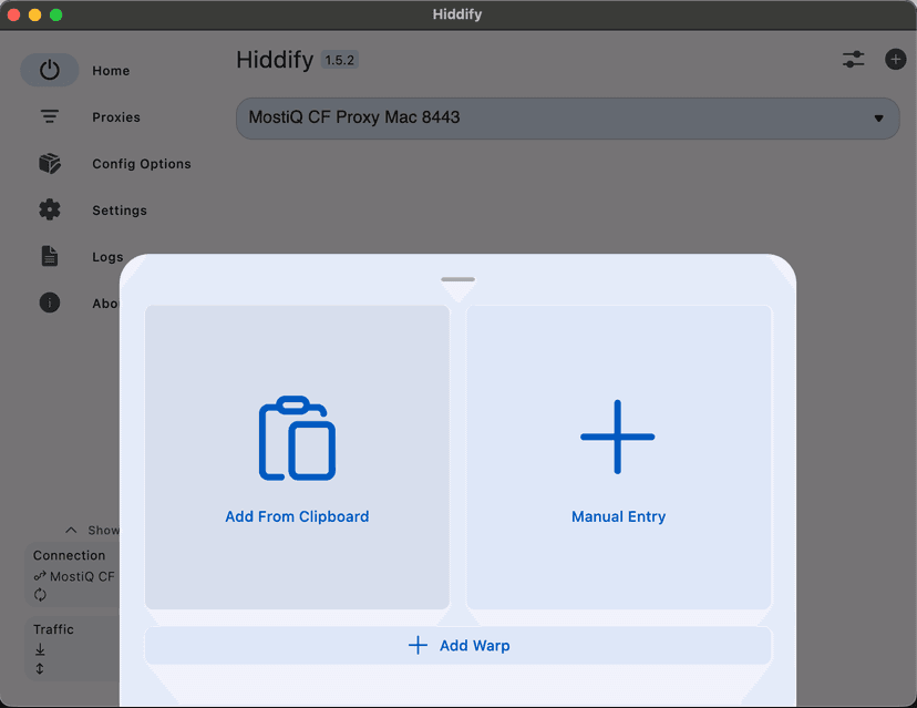 Импорт из буфера обмена в Hiddify на macOS