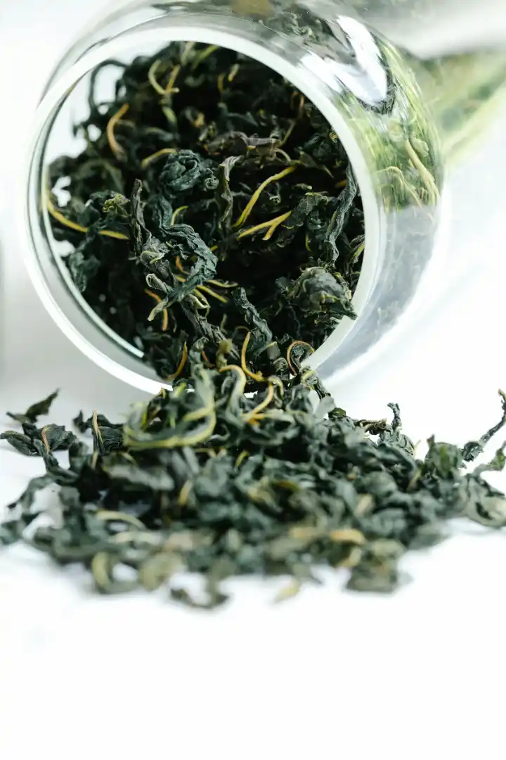 Different varieties of oolong tea leaves showing various oxidation levels